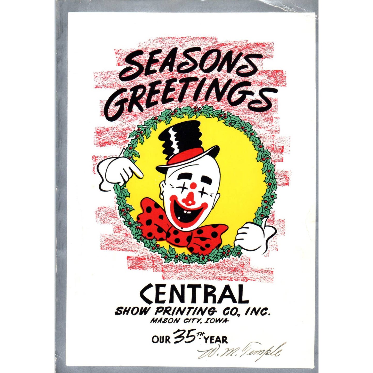 Vintage Christmas Card Circus Clown Central Show Printing Co Mason City IA AD4