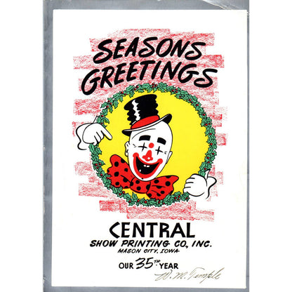 Vintage Christmas Card Circus Clown Central Show Printing Co Mason City IA AD4
