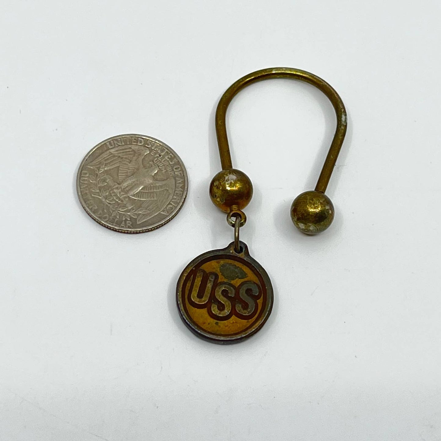 Vintage Brass USS United States Steel Brass Barbell Keychain Keyring SC3