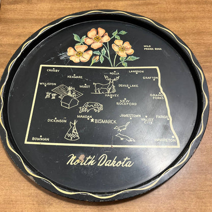 Vintage Black & Gold Metal State Souvenir Plate Tray Early North Dakota 11” TG7