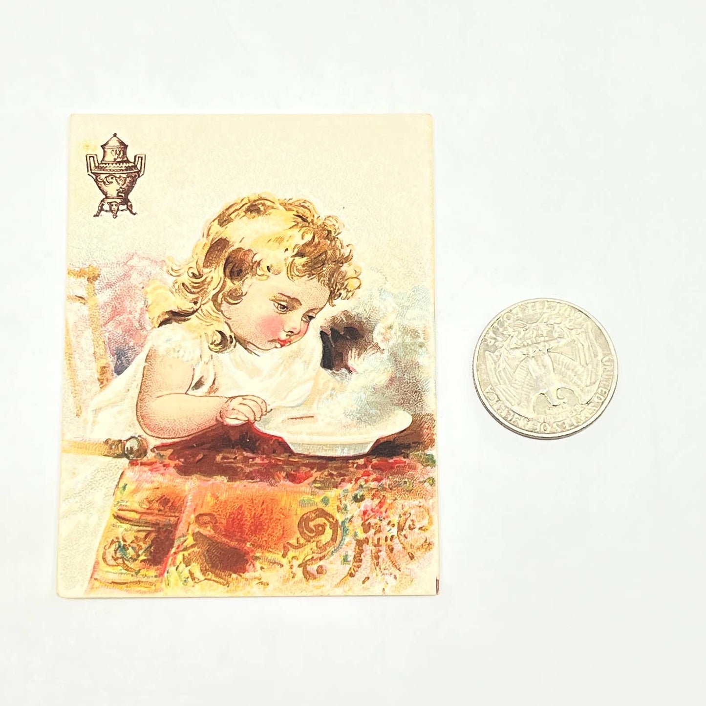 1880s Victorian Trade Card Dilworth Brothers Pittsburgh PA Girl Eating Soup AB6