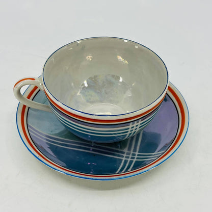 Vtg RARE Japanese Iridescent Opal Lusterware Blue Stripe Cup and Saucer Set TA5