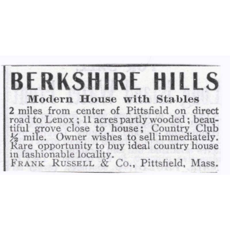 Berkshire Hills Home Frank Russell Pittsfield Mass  - 1903 Original Ad TJ7-S9
