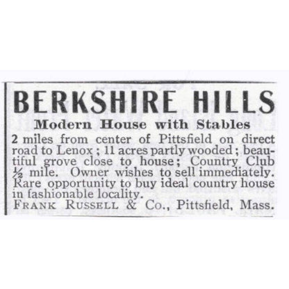 Berkshire Hills Home Frank Russell Pittsfield Mass  - 1903 Original Ad TJ7-S9