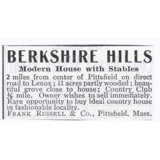Berkshire Hills Home Frank Russell Pittsfield Mass  - 1903 Original Ad TJ7-S9