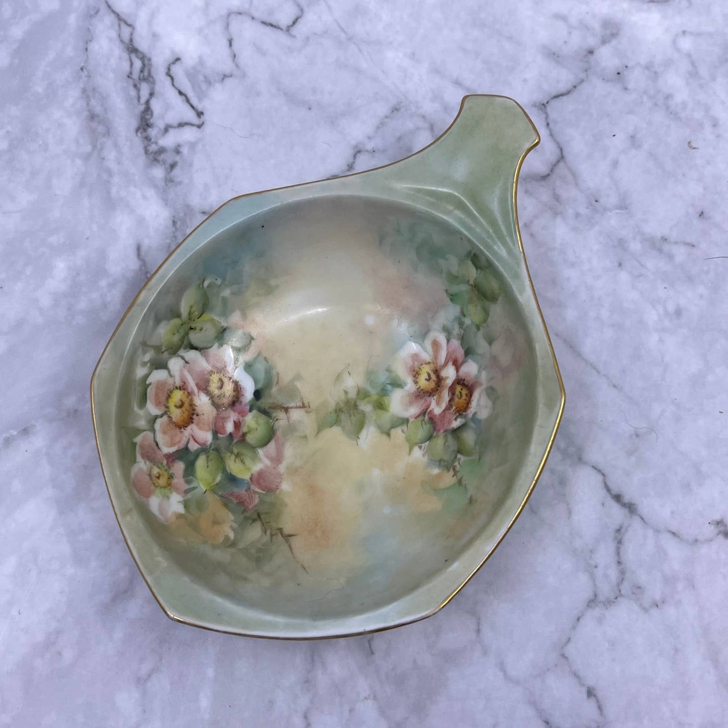 Antique M Z Austria Fine China Bowl Dish Green Floral 4.75x6.5 TE4