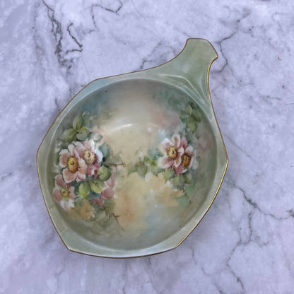 Antique M Z Austria Fine China Bowl Dish Green Floral 4.75x6.5 TE4