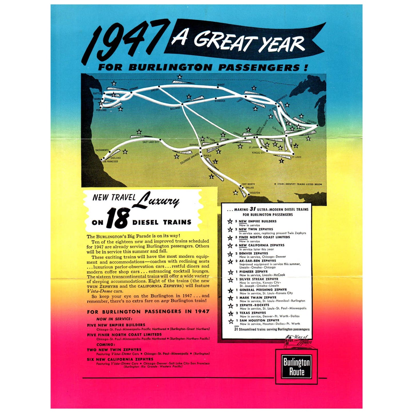 1947 Burlington Route Summer Vacation Service Everywhere West Timetable SE4