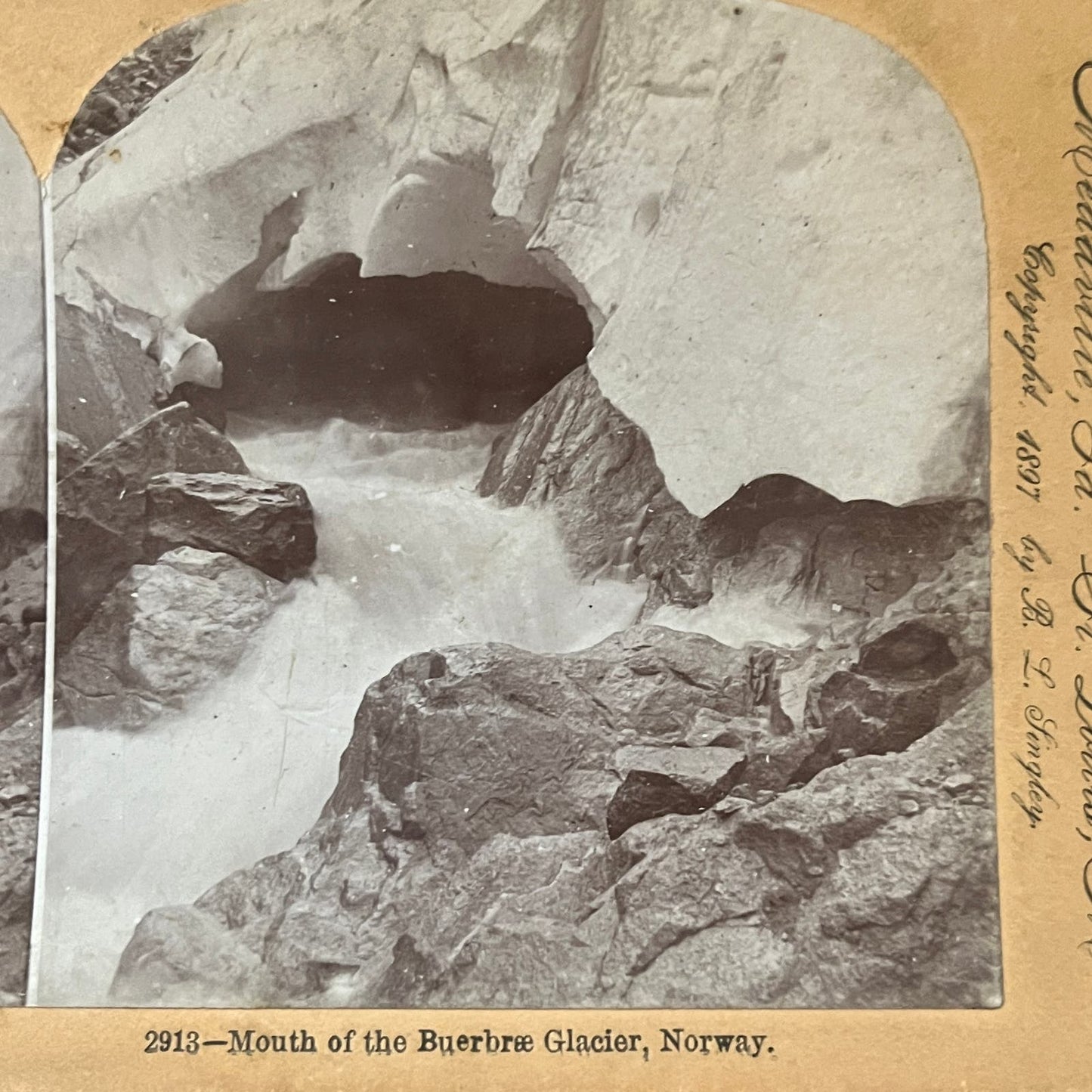 Mouth of the Buerbrae Glacier Norway 1897 Antique Stereoview Card TJ9-V2