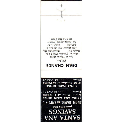 Santa Ana Savings Dean Chance Baseball Advertising Matchbook Cover MM9-9
