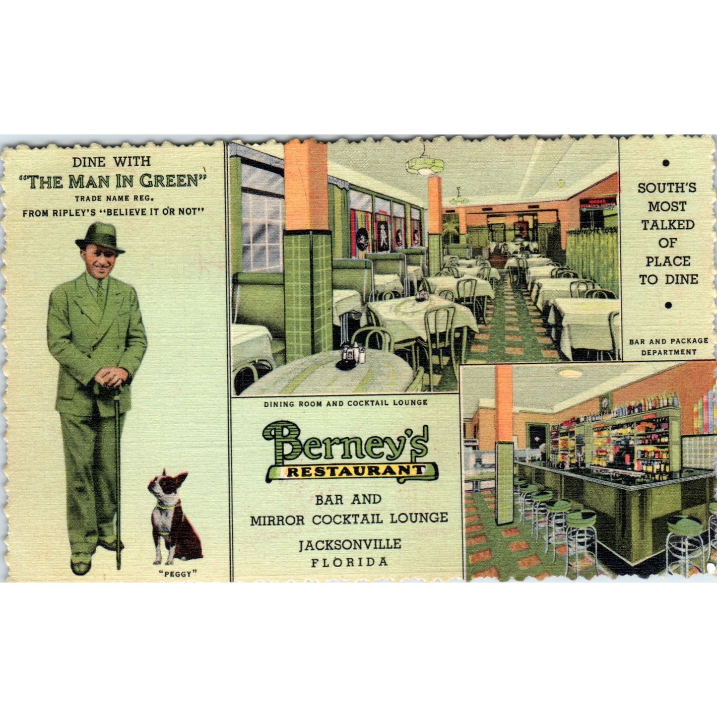 Vintage Postcard The Man in Green Berney's Restaurant Jacksonville FL PE