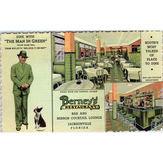 Vintage Postcard The Man in Green Berney's Restaurant Jacksonville FL PE