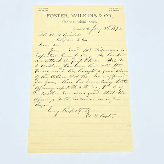 1892 Foster, Wilkins & Co. General Merchants Letterhead Union SC AB9