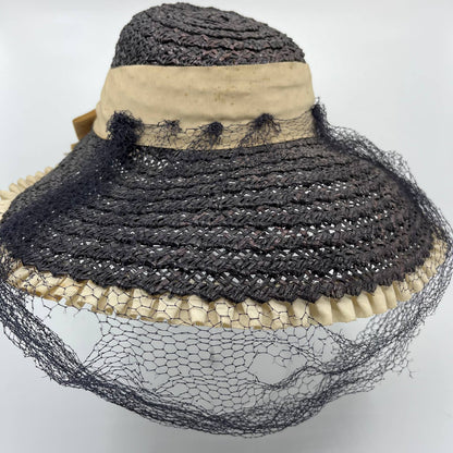 Vintage Gray Straw Sun Hat with Cream Bow and Back Netting HB1