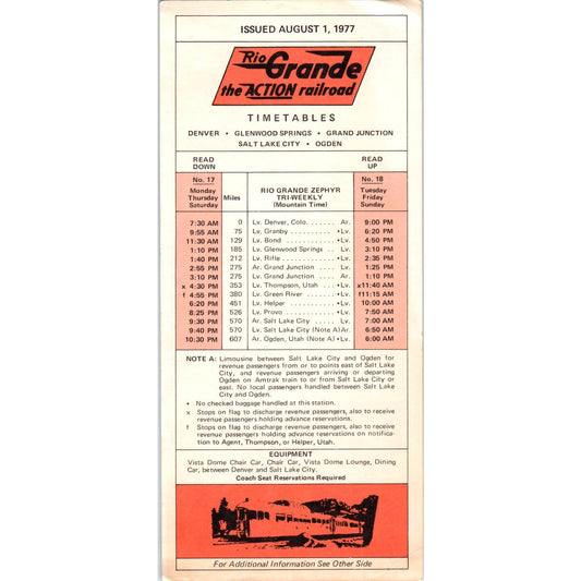 1977 Aug 1 Rio Grande Action Railroad Timetables Denver Salt Lake City Ogden SE8