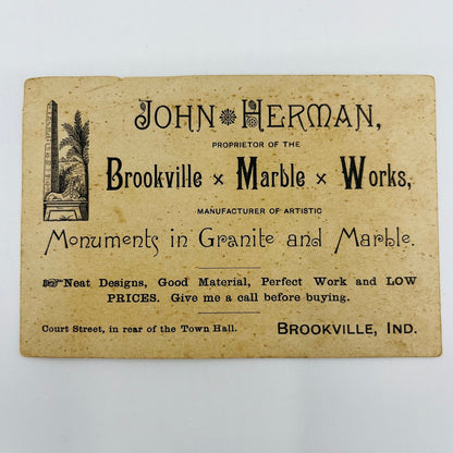 1880s Trade Card John Herman Brookville Marble Works IN Granite Monuments AH9-M8