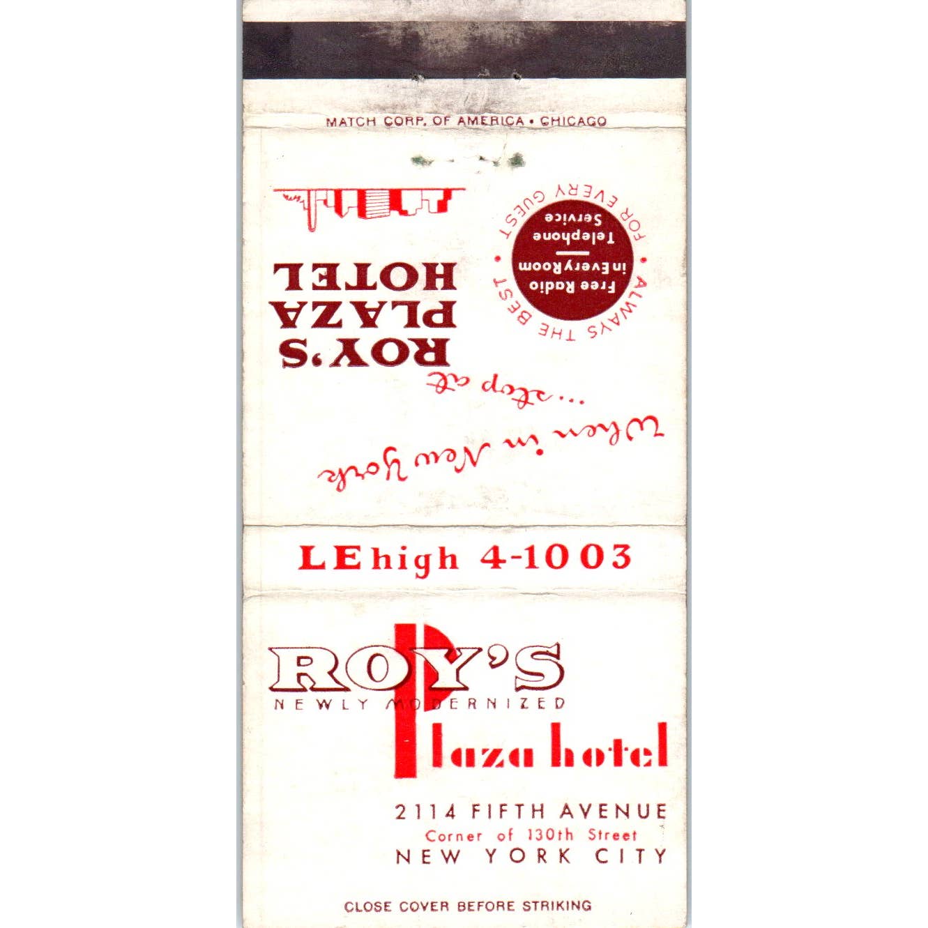 Roy's Plaza Hotel New York City Advertising Matchbook Cover SA1-M11