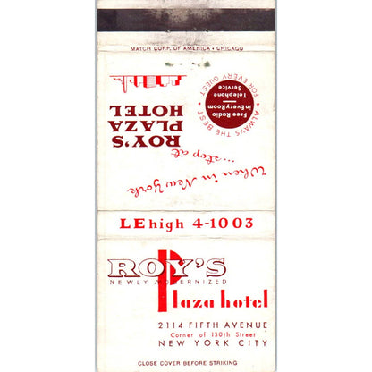 Roy's Plaza Hotel New York City Advertising Matchbook Cover SA1-M11