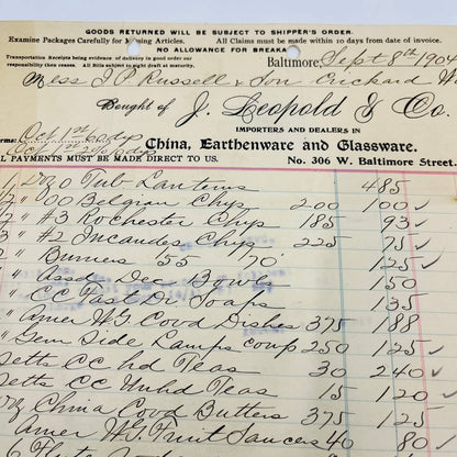 1904 J. Leopold & Co. Importers Baltimore MD Billhead Letterhead Receipt AA4