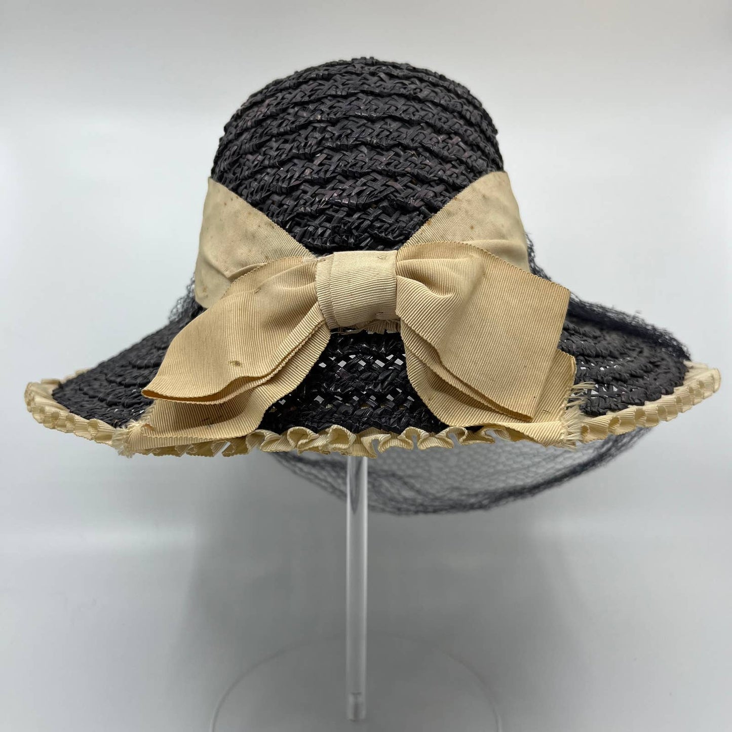 Vintage Gray Straw Sun Hat with Cream Bow and Back Netting HB1