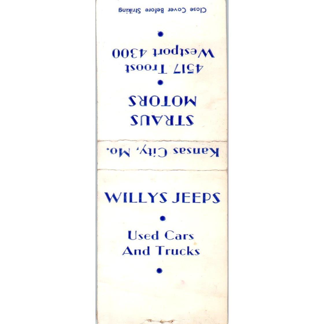 Willys Jeeps Straus Motors Kansas City MO Advertising Matchbook Cover SA9-M5