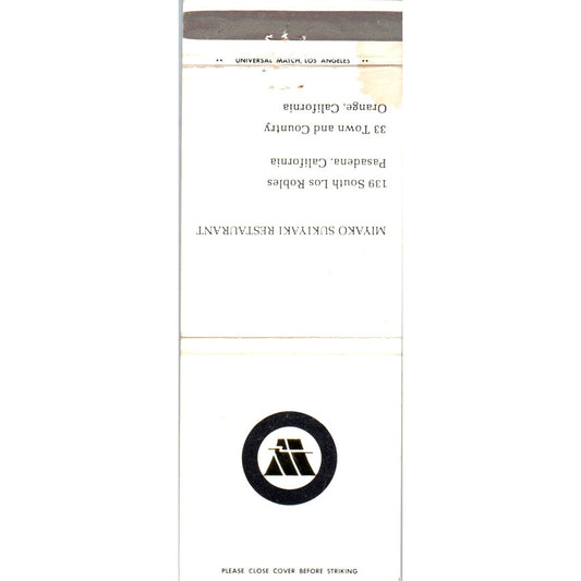 Miyako Sukiyaki Restaurant Pasadena CA Advertising Matchbook Cover MM9-7