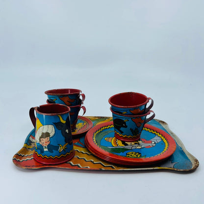 1940's Ohio Art Tin Litho The Little Mexican Boy Sombrero Bull Tea Set 14pc TD2