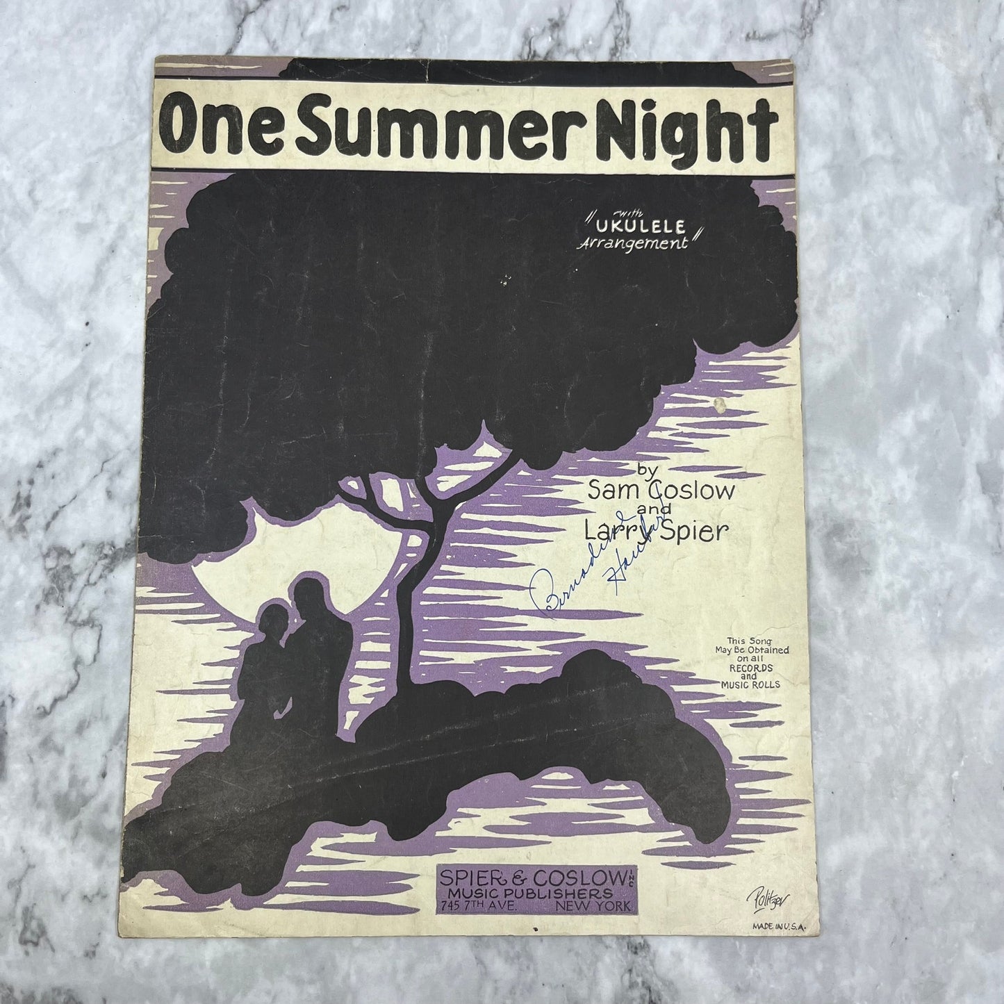 "One Summer Night" Sheet Music 1927 w/ Ukulele Sam Coslow Larry Spider V38