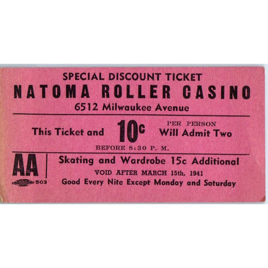 1941 Natoma Roller Casino Special Discount Ticket SE5