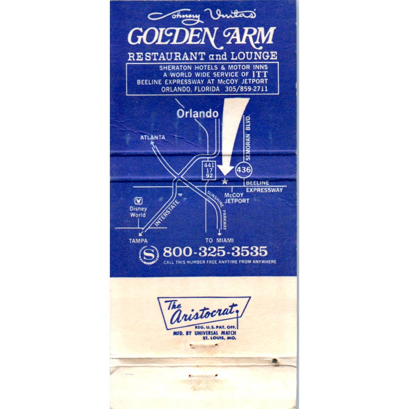 Johnny Unitas' Golden Arm Restaurant Orlando Advertising Matchbook Cover SA1-M10