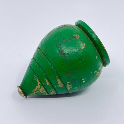 Vintage Green Wood Metal Tipped Toy Spinning Top TE1