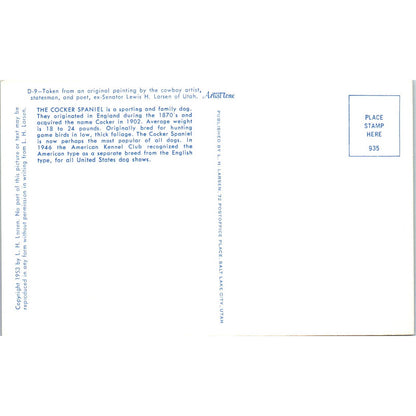 Lewis H. Larsen 1953 The Cocker Spaniel Dog Painting Original Postcard TK1-27