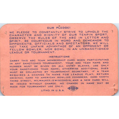1948 American Bowling Congress Milwaukee Membership Card Eagles 800 Home SE5-13