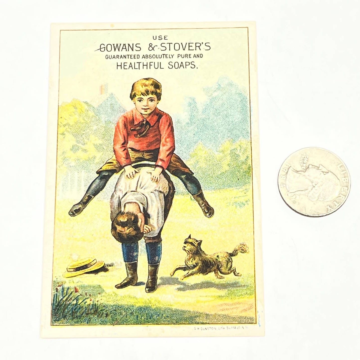 1880s Victorian Trade Card Gowans & Stover's Healthful Soap Boys Leap Frog AB6