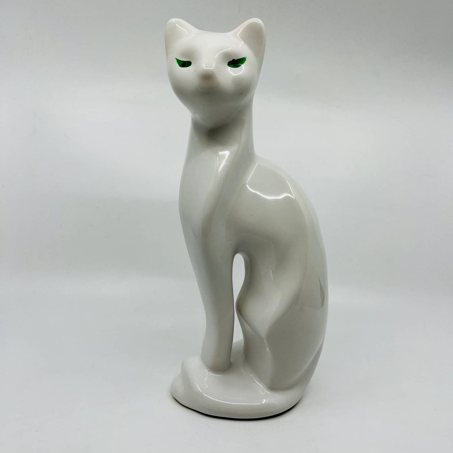 MCM Art Deco Artmark White Siamese Green Eye Ceramic Cat Statue 11” TD2