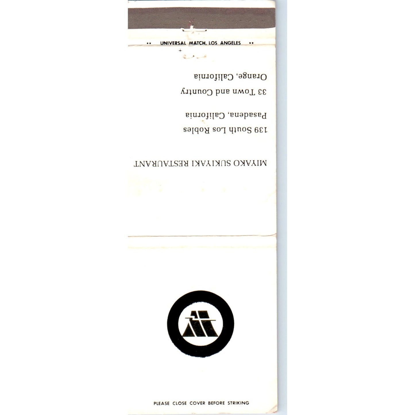 Miyako Sukiyaki Restaurant Pasadena Orange CA Advertising Matchbook Cover MM10-3