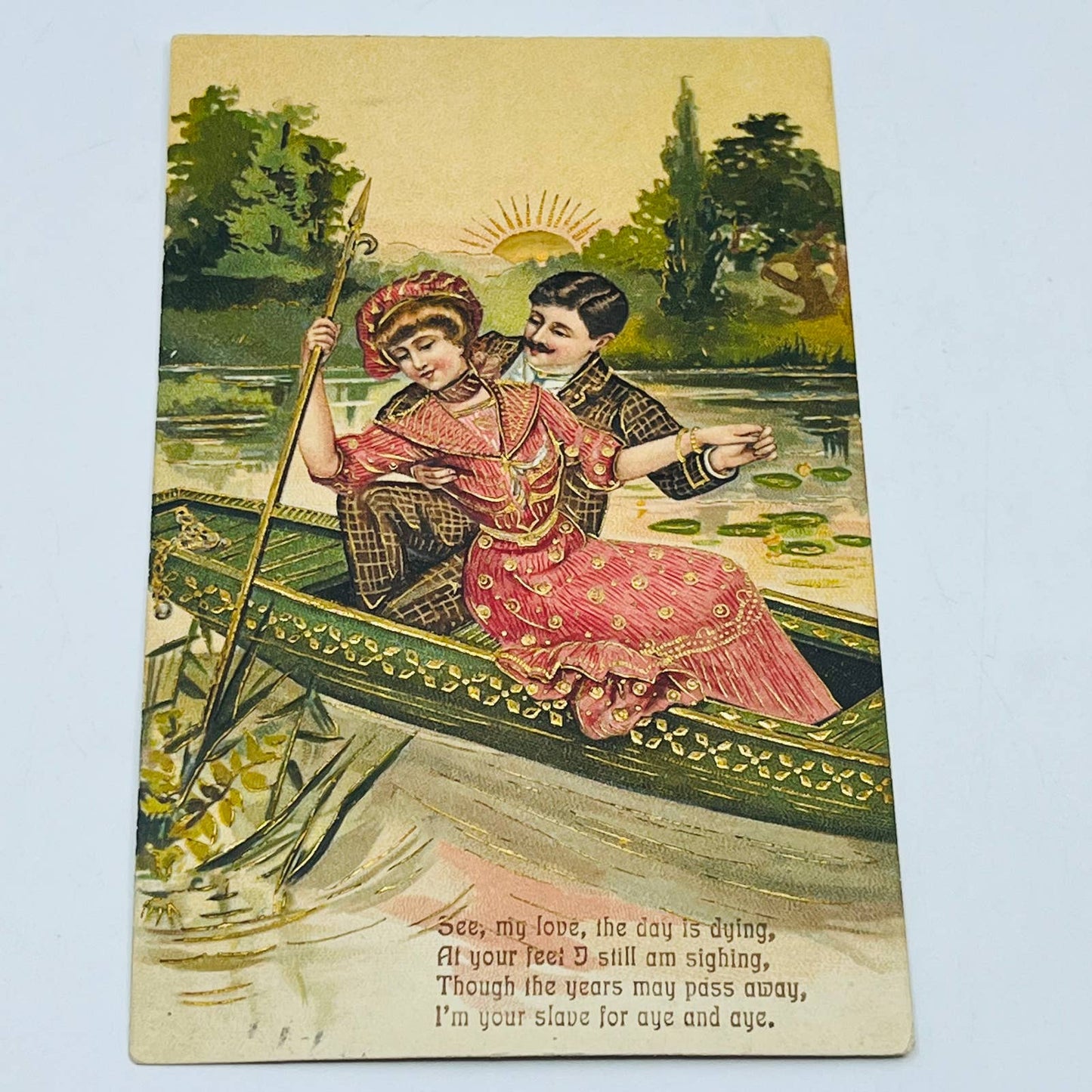 1910s Post Card Romance Illustrated Victorian Couple Kissing Boat Gilt Poem PA6