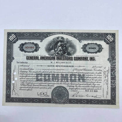 1934 General American Investors Co Stock Certificate W.J. Wollman & Co FL5