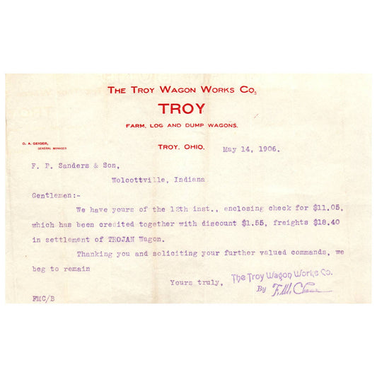 1906 The Troy Wagon Works Co. Letterhead Memo F.P. Sanders Ohio AD8