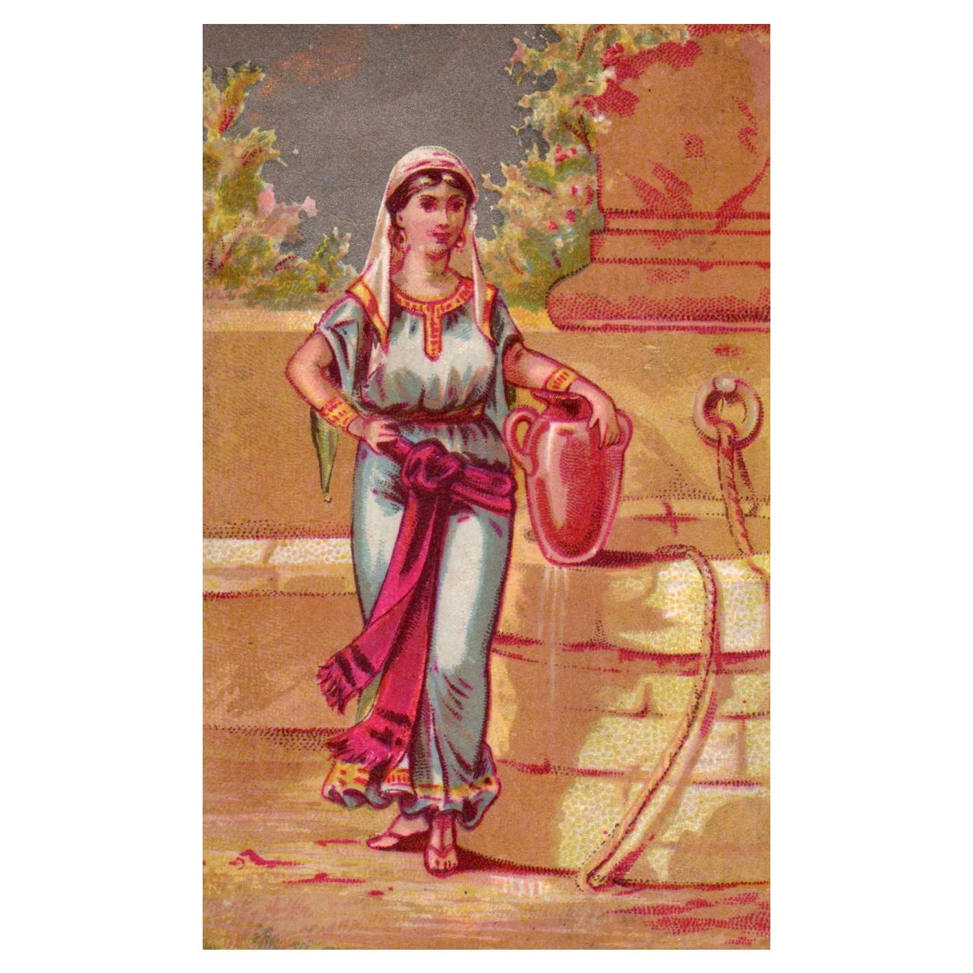 Woman With Water Jug At Well - BLANK - 1880s Victorian Trade Card TJ8-3