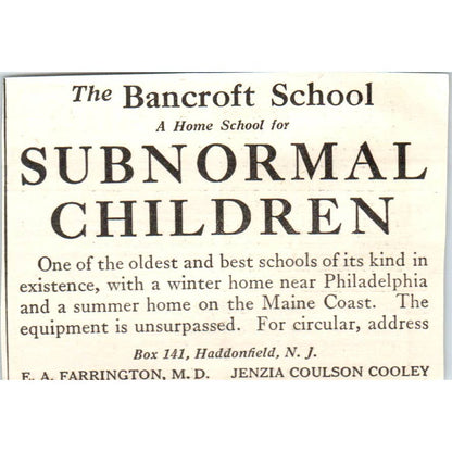 c1920 Harper's Ad Bancroft School for Subnormal Children EA Farrington EA3-1