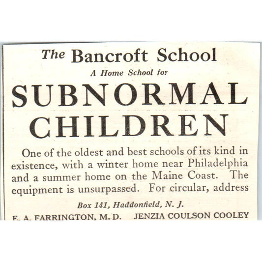 c1920 Harper's Ad Bancroft School for Subnormal Children EA Farrington EA3-1