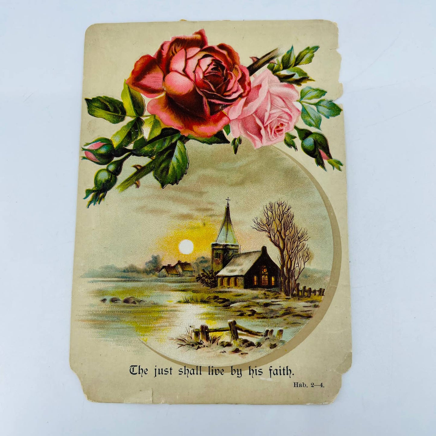 1880s Embossed Victorian Greeting Card Roses Church Scene Habakkuk 2:4 AA2