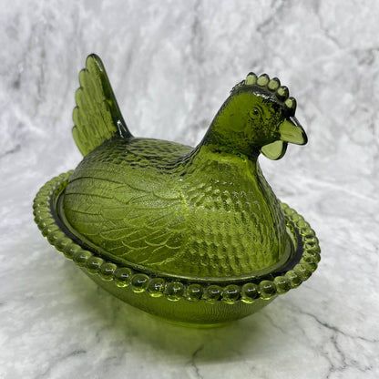 Vintage Nesting Hen Green Avocado Indiana Glass Hen on Nest Candy Dish ~7x5" TI6