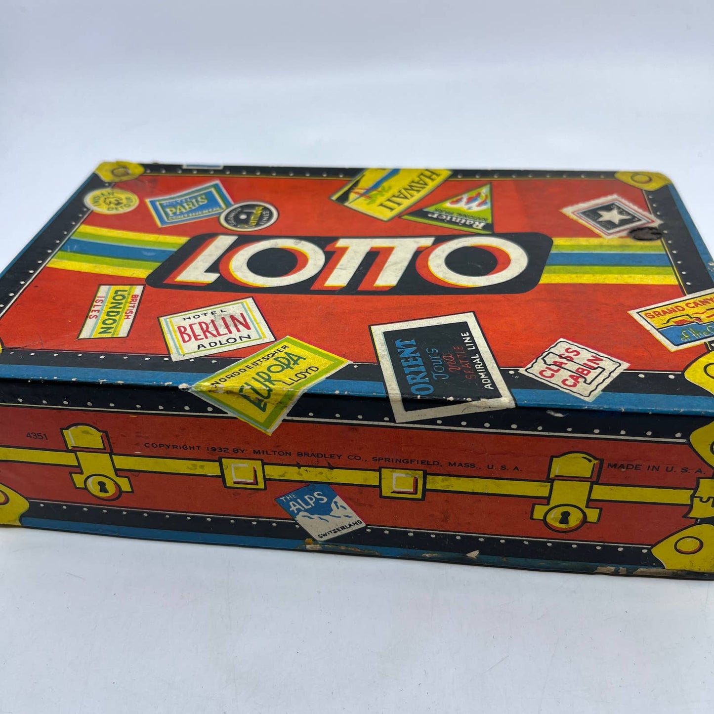 1932 Lotto Board Game Milton Bradley #4351 Steamer Trunk Suitcase Box Bingo TC3