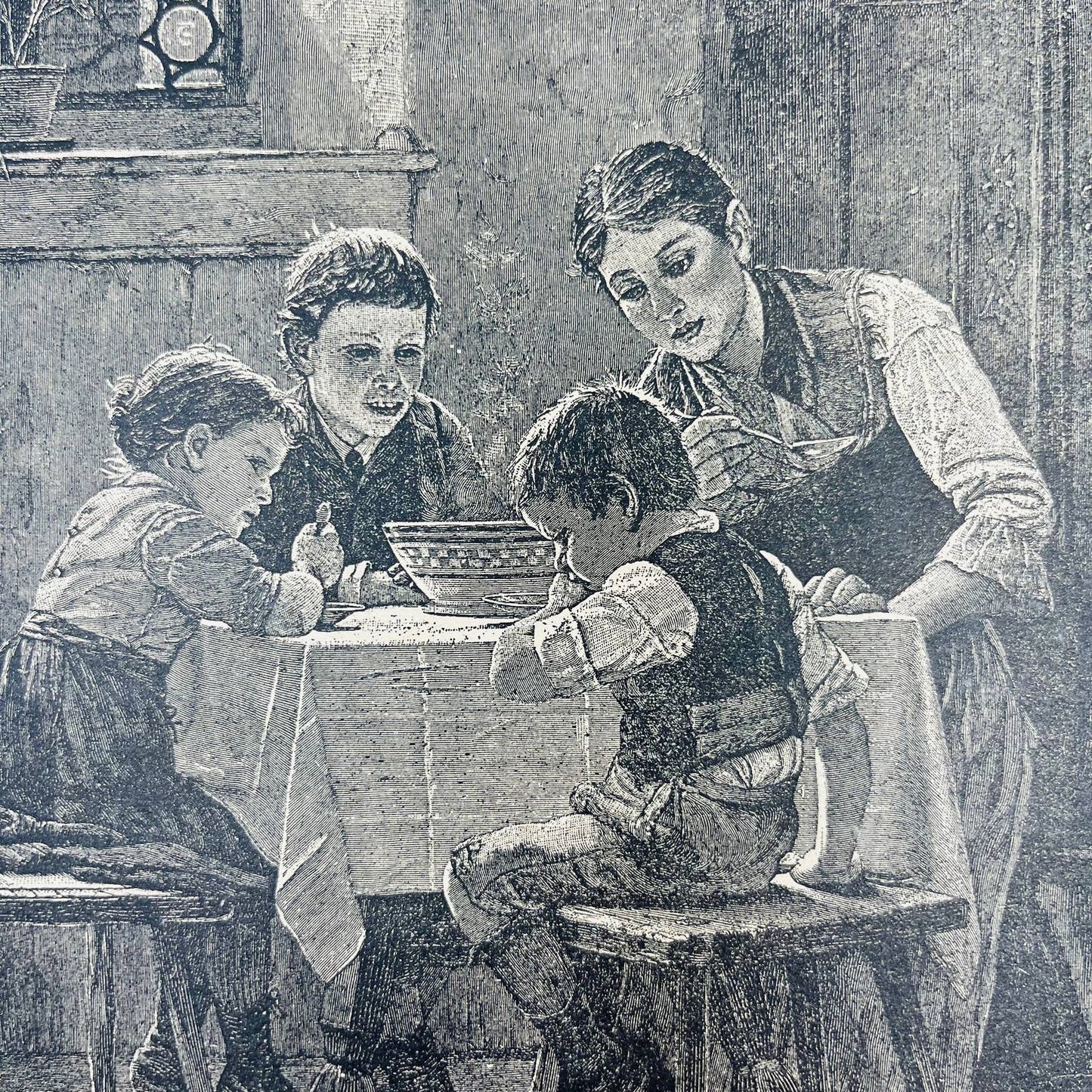 1880s Victorian Art Print Engraving Woman And Children at Dining Table C8