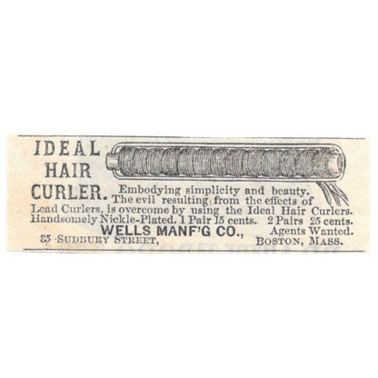 Ideal Hair Curler Wells Mfg Co. Boston - Ad 1878 Original TJ7-L2-4