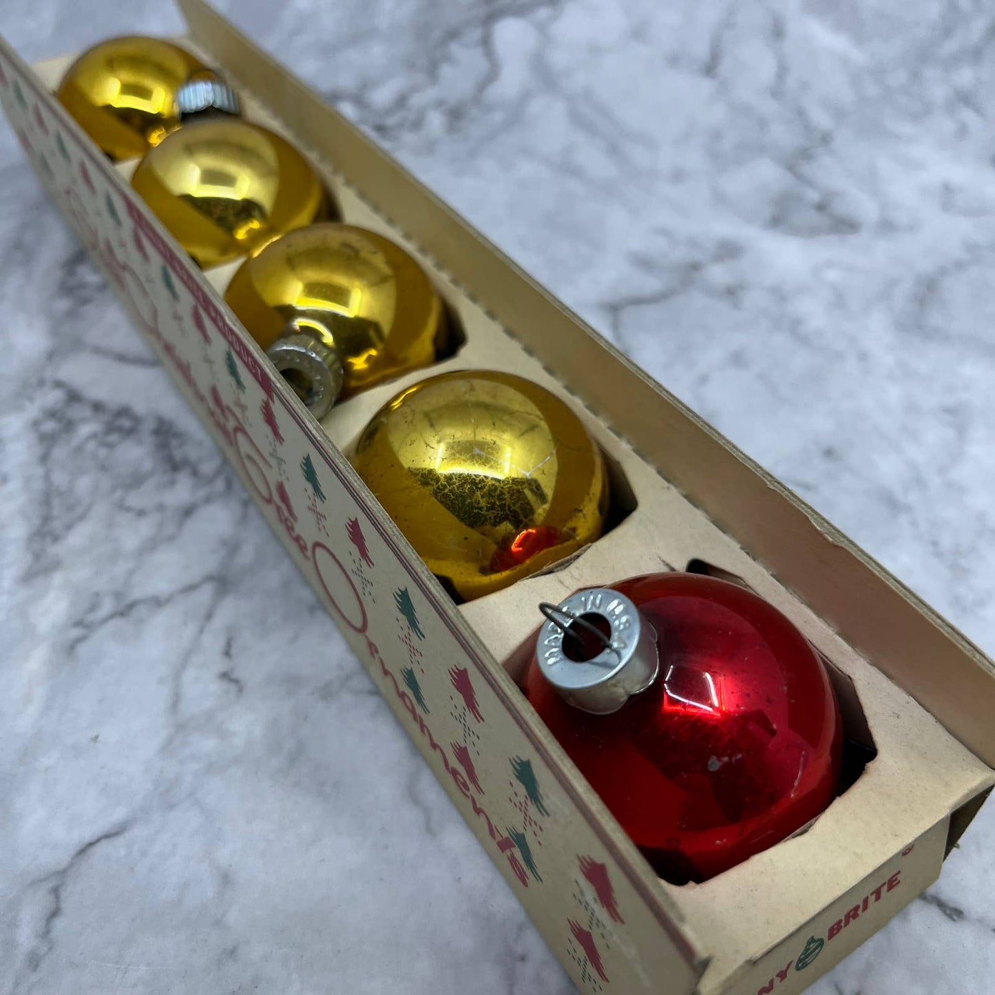 Shiny Brite Mini Mercury Glass Christmas Tree Ornaments Set of 5 in Box Gold Red