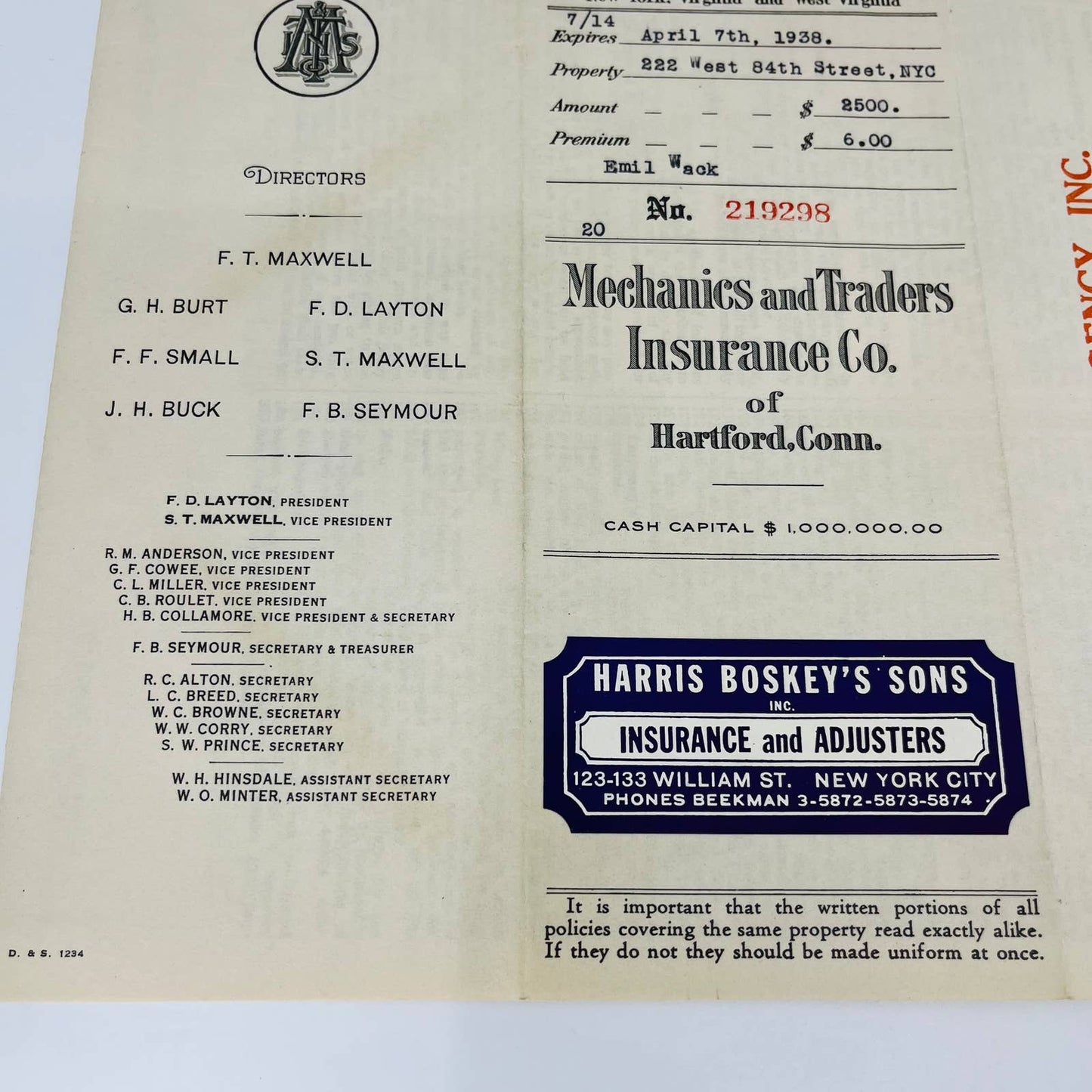 1935 Mechanics & Traders Insurance Co. Homeowner’s Policy Hartford Conn. C9