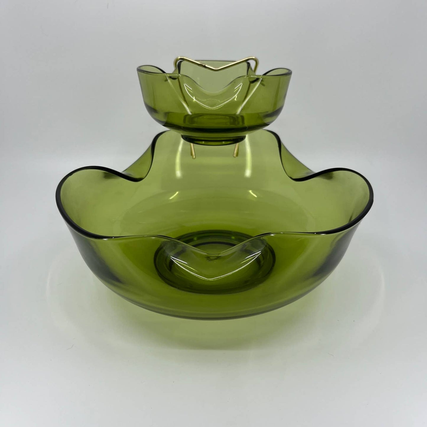 Vintage Anchor Hocking Pinched Avocado Green Glass Chip & Dip Set Bowl 9.25” TB3